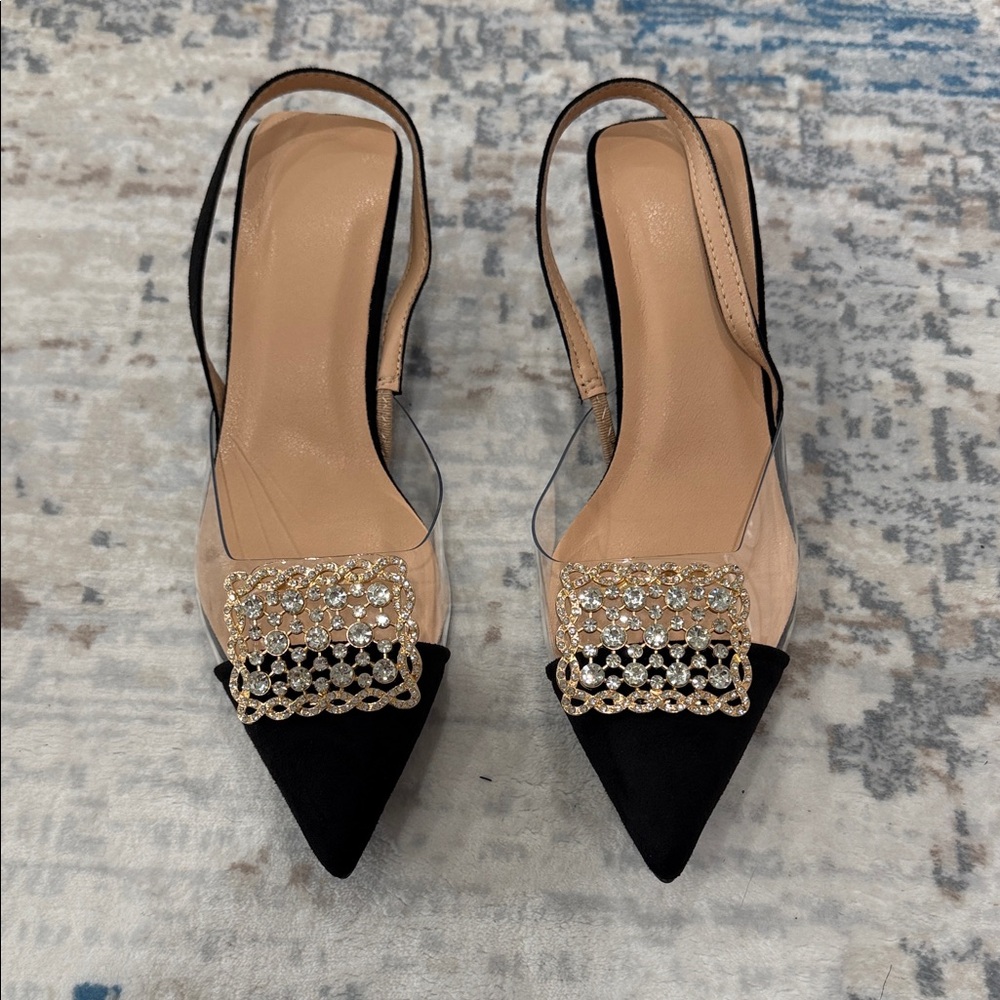 Elegant Pointed Toe Slingback Heels with Crystal Buckle - Black/Tan - Picture 4 of 7